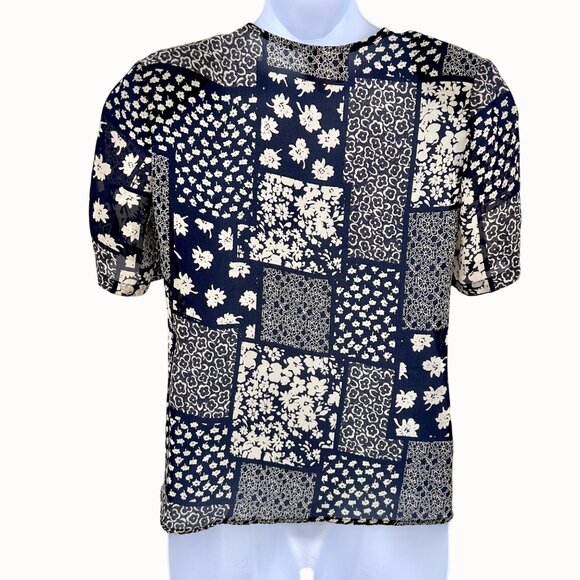 Vintage Fritz & Lloyd Floral Patchwork Blouse Navy Beige Short Slv Ruffle Front - Picture 3 of 5